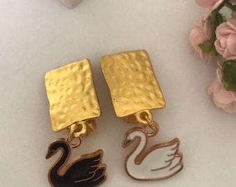 Black and white swan earrings, asymmetrical swan ear clips, kawaii swan charm, gift for swan mom, art deco earring