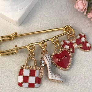 Heart knot bag pump brooch, red enamel pin brooch