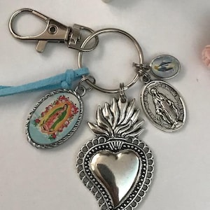 Jungfrau von Guadeloupe Heiliges Herz Schlüsselanhänger, Geschenk für Jungfrau Mutter, Jungfrau Charm Wundersame Medaille, Ex Voto Schlüsselanhänger