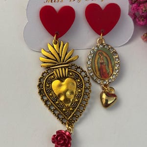 Ex voto earrings, sacred heart earrings, sacred heart charm, ex voto pendant, religious heart ceremony gift.