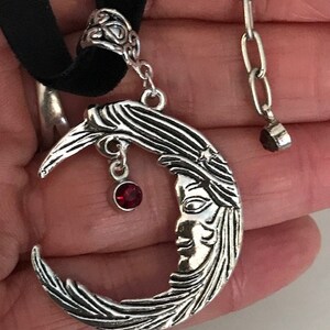 Moon choker necklace, moon pendant choker and garnet rhinestones, moon pendant choker, moon charm velvet ribbon image 4
