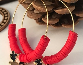 Boucles d'oreille Noël, créole petit renne, cadeau pour femme Noël, breloque rudolph le renne kawaii, boucle oreille rouge fête noël.