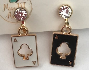Playing card earrings, ace of clover card charm, gift for card game girl, gift for card player, ace pendant