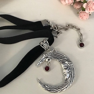 Moon choker necklace, moon pendant choker and garnet rhinestones, moon pendant choker, moon charm velvet ribbon