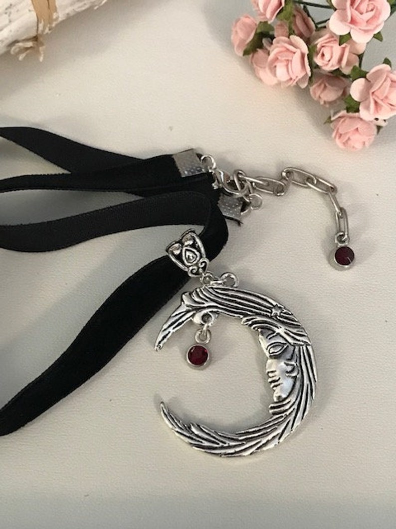 Moon choker necklace, moon pendant choker and garnet rhinestones, moon pendant choker, moon charm velvet ribbon image 1