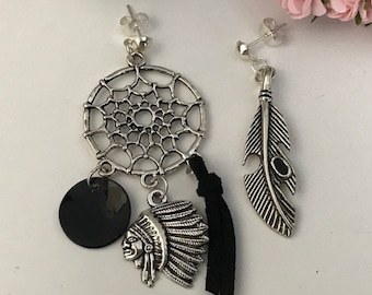 Boucles d'oreilles attrape-rêves, boucles d'oreilles indiennes plume tête d'indien