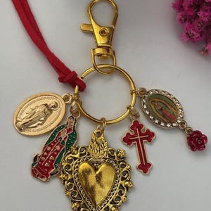 Schlüsselanhänger Heiliges Herz und Kreuz der Jungfrau Maria, Geschenk für die Mutter Jungfrau von Guadeloupe, Wundertätige Medaille mit Jungfrauenanhänger, Ex-Voto-Juwel