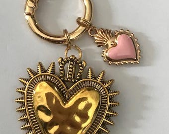 Sacred heart ex voto charms, ex voto bag charms, gift for women sacred heart charms, golden and pink hearts charms