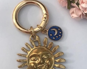 A trendy accessory, the elegant moon and sun key ring, large sun and golden moon charm, gift for women, sun moon.