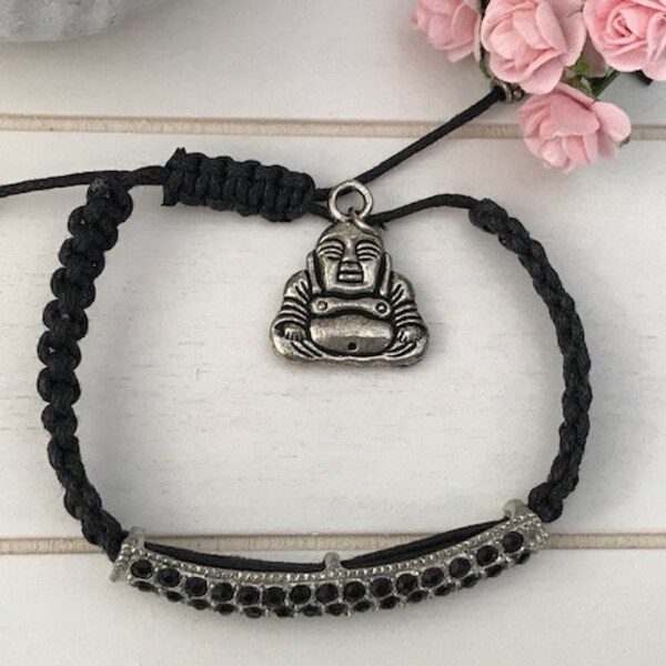 Bracelet bouddha, en coton noir, barrette de strass et pendentif bouddha