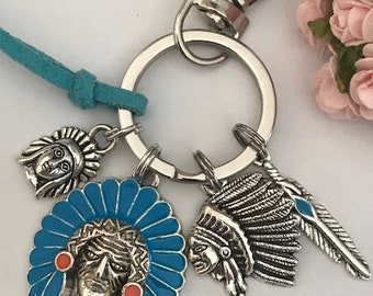 Indian head key ring, Indian feather charm, kawaii Indian pendant, gift for Indian woman, gift for Indian man.