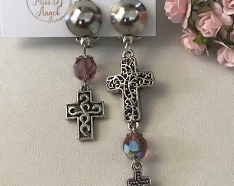 Boucles d'oreilles à clip ex voto, clips d'oreilles croix, boucles d'oreilles religieuses ex voto