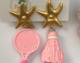 Clips d'oreilles raquette et volant badminton, boucles d'oreilles sport plage été