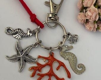 Ocean starfish seahorse keychain, coral fish charms, starfish mom gift, ocean wife gift, sea pendant
