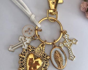 Virgin Mary Sacred Heart and Cross Keychain, Virgin Mary Mother's