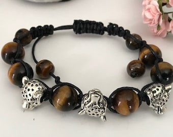Man tiger eye bracelet, tiger eye beads and silver metal leopard head, adjustable