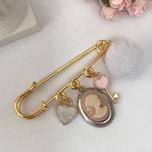 Romantic cameo brooch, heart and pompom brooch, gift for romantic mom, romantic key heart brooch for woman, kawaii heart charm