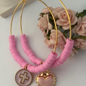 Ex voto hoop earrings, asymmetrical ex voto hoop earrings, religious earrings, cross and sacred heart medal charm