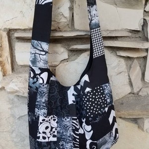 Patchwork hobo bag. Edgy crossbody hobo bag, skull, bats, graveyard and assorted prints hobo,  sling bag, slouch bag, hobo bags,quilted bag