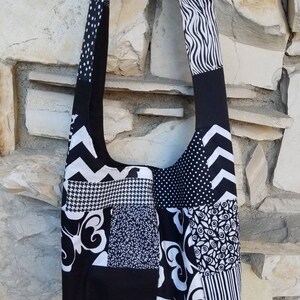 Black and white patchwork hobo bag, quilted crossbody hobo bag,  black and white sling bag, slouch bag, boho bag, black handbags