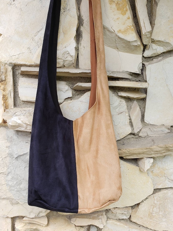 Suede 2 Tone Knotted Hobo Bag Black and Tan Hobo Bag Black Tan