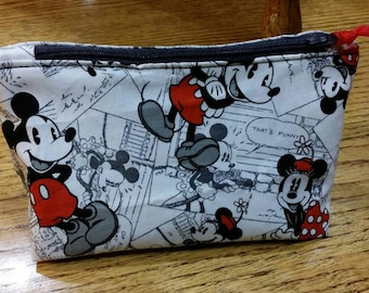 Hard to find Mickey and Minnie comic strip fabric. cosmetic bag, make-up bag. Disney cosmetic bag, mickey bags, disney bags.