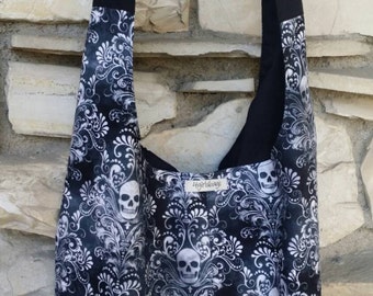 Skull Hobo bag, The Wicked Skull Damask across the body hobo bag, slouch bag. Reversible bag , Skull print handbag, grunge accessories.