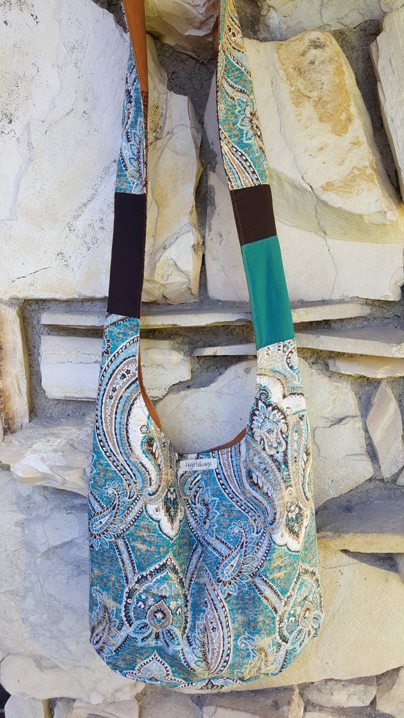 Bohemian Print Crossbody Hobo Bag Teal Ivory and Brown Hobo Etsy