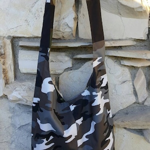Black, gray and white camouflage across the body hobo bag,  camouflage hobo bag, camouflage slouch bag, hippie bag, boho bag, camouflage bag