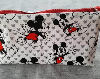 Mickey mouse cosmetic bag, Mickey Mouse print cosmetic bag, white, black, red and gray mickey mouse cosmetic bag.