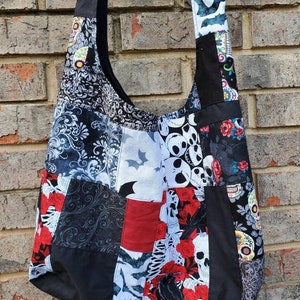 Patchwork hobo bag. Edgy crossbody hobo bag, skull, bats, graveyard, Jack Skellington and assorted prints hobo,  sling bag, slouch bag, hobo