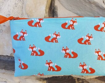 Aqua fox print cosmetic bag, fox print bag, fox print mak-up bag, fox print zipper pouch, fox print small bag, fox print gifts