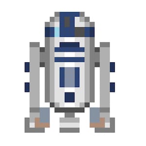 May include: A pixel art illustration of R2-D2, a white and blue robot with a round body and a dome-shaped head. The robot has a rectangular panel on its chest and two arms with small hands.