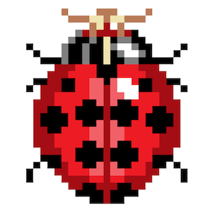 May include: A pixelated red ladybug with black spots and a brown head. The ladybug has six legs and two antennae.