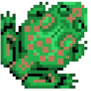 Op de afbeelding: Een gepixelde groene kikker met bruine vlekken. De kikker kijkt naar rechts en heeft zijn rechterpoot opgeheven.