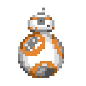 May include: A white, orange, and gray pixel art depiction of a droid with a round body and a single antenna on top.