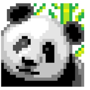 May include: A pixelated illustration of a panda bear's face with black and white fur. The panda is surrounded by green and yellow bamboo.