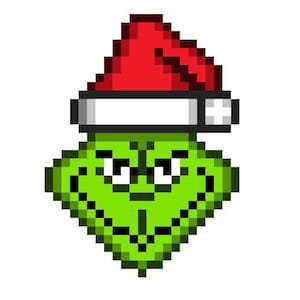 May include: A green, pixelated Grinch wearing a red Santa hat with a white trim. The Grinch has a mischievous expression with a slight smile and narrowed eyes.