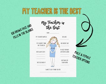 Teacher Appreciation Printable: All About My Teacher Fill-In Template Digital Download, PDF Option