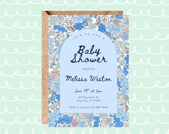 Editable Baby Shower Invitation | Blue Floral Canva Template | Printable Boy or Neutral Invite
