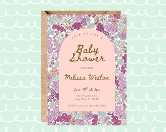 May include: Baby shower invitation with a floral design in shades of pink, purple, and white. The invitation includes the text "Join us for a Baby Shower" and details for the event, including the honoree's name, date, time, and RSVP information.