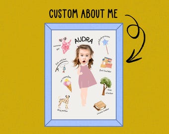 May include: A framed illustration with the text "CUSTOM ABOUT ME" at the top. The illustration features a child's portrait with the name "AUDRA" and various icons representing interests like "summer gal," "fish catcher," and "dog petter."