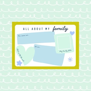 Könnte beinhalten: Ein Familien-Kunstplakat zum Ausfüllen mit gelbem Rand. Der Druck enthält Platz für Namen, Interessen und ein Foto. Der Text enthält "ALL ABOUT MY family", "Our names are...", "We are..." und "My family photo".