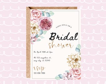 May include: A bridal shower invitation with floral accents. The invitation features the words "Bridal shower" in a decorative font. The invitation includes the date, time, and location. The RSVP information is also included.