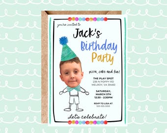 Invitación de cumpleaños para niño con imagen de sombrero de fiesta, plantilla digital instantánea, personalizable e imprimible.