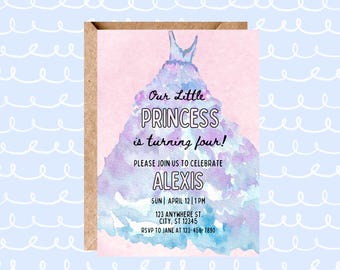 Invito di compleanno per principessa: disegno di un abito ad acquerello (modello Canva, download digitale 5x7")