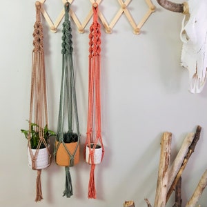 Puede incluir: Tres colgadores de plantas de macramé en tonos beige, verde y coral. Cada colgador sostiene una pequeña planta en maceta. Los colgadores están anudados con una borla en la parte inferior y se suspenden de un estante de madera contra una pared neutra.