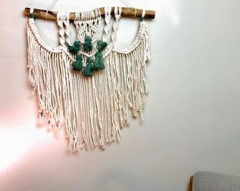 Medium white macrame wall hanging, driftwood branch macrame, boho bedroom wall decor, handmade macrame tapestry, white woven all art