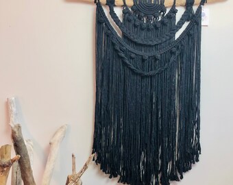 Large statement dark, black layered macrame tapestry with real driftwood branch