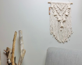 White macrame wall hanging, Boho tapestry, birthday present, boho nursery decor, natural macrame on dowel